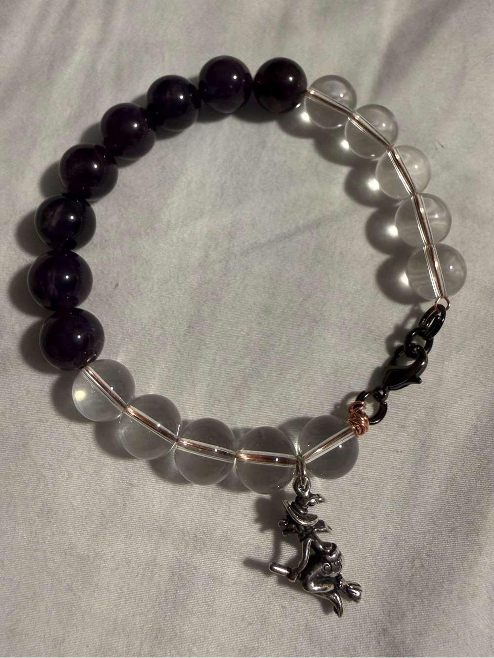 Amethyst and clear quartz Bead 925 sterling silver Witch Charm Bracelet